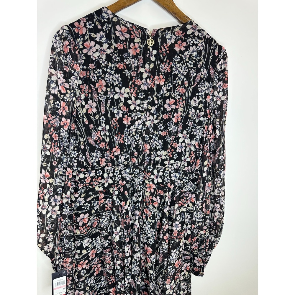 NEW Tommy Hilfiger Floral Metallic Chiffon V-Neck Dress Black Pink Size 10 - Picture 12 of 13